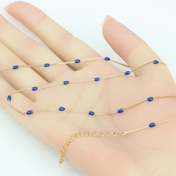 "Rose Gold Beaded Necklace with Blue Accents, Adjustable, XPNL0337 - Picture 5 of 11